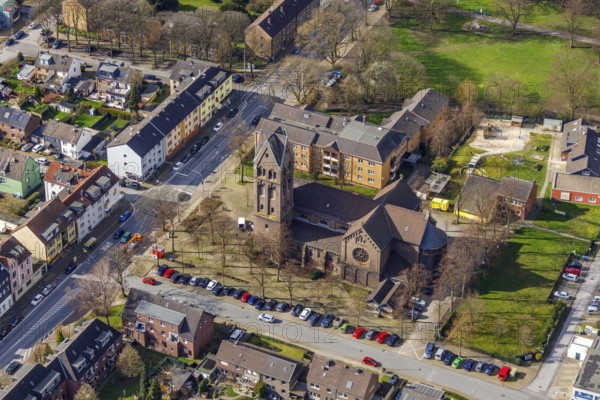 Aerial view, St. Josef Heide Catholic Church, Osterfeld, Oberhausen, Ruhr area, North Rhine-Westphalia, Germany, DE, Europe, religious community, place of worship, Hertastrasse, church, parish, denomination, aerial photography, aerial photography, aerial photography, religion, overview, bird's-eye view, overview