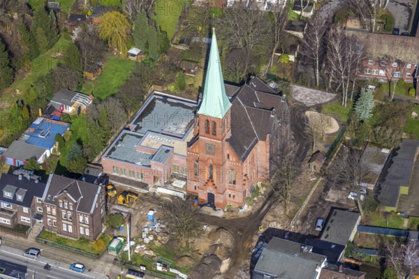 Aerial view, Evang. Auferstehungskirche, construction site, new community centre, Osterfeld, Oberhausen, Ruhr area, North Rhine-Westphalia, Germany, construction work, construction area, building site, building plots, construction measure, construction project, construction site, DE, development, Europe, community centre, religious community, place of worship, capacity requirement, Kapellenstraße, church, church community, denomination, aerial view, aerial photography, aerial photography, new building, religion, overview, Vestische Straße, bird's eye view, birds-eyes view, overview