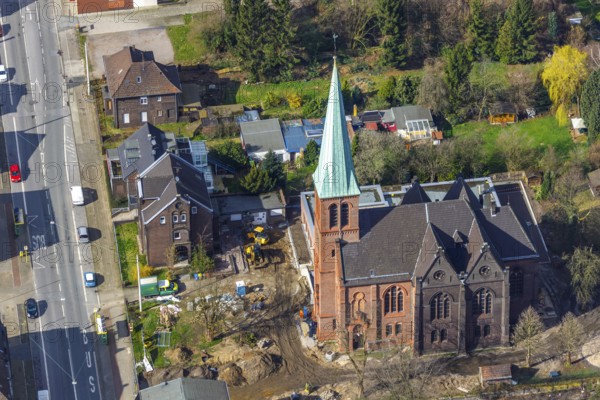 Aerial view, Evang. Auferstehungskirche, construction site, new community centre, Osterfeld, Oberhausen, Ruhr area, North Rhine-Westphalia, Germany, construction work, construction area, building site, building plots, construction measure, construction project, construction site, DE, development, Europe, community centre, religious community, place of worship, capacity requirement, Kapellenstraße, church, church community, denomination, aerial view, aerial photography, aerial photography, new building, religion, overview, Vestische Straße, bird's eye view, birds-eyes view, overview