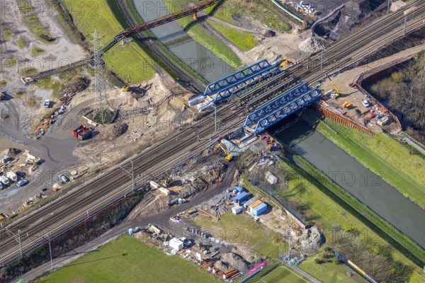 Aerial view, new construction, insertion railway bridge over the Emscher, Sterkrade, Oberhausen, Ruhr area, North Rhine-Westphalia, Germany, construction work, construction area, building site, building plots, construction measure, construction project, construction site, bridge structure, DE, railway bridge, renewal, Europe, river Emscher, capacity requirement, aerial view, aerial photography, aerial photography, new construction, renovation, refurbishment, overview, bird's-eye view, overview