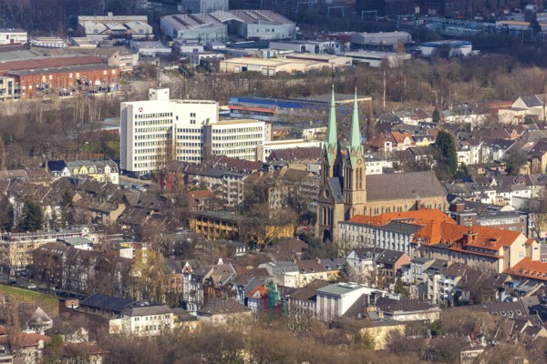 Aerial view, Catholic parish church St. Marien, employment agency and job centre Oberhausen, Oberhausen, Ruhr area, North Rhine-Westphalia, Germany, authority, DE, Europe, religious community, place of worship, church, parish, denomination, aerial photograph, aerial photography, aerial photography, Mülheimer Straße, religion, overview, bird's-eye view, overview