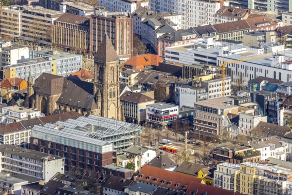 Aerial view, Altmarkt, Job Centre with rooftop greenhouse, Catholic Church at Altmarkt, Victory Column, Oberhausen, Ruhr area, North Rhine-Westphalia, Germany, employment office, authority, DE, monument, Europe, war memorial, aerial view, aerial photography, aerial photography, market place, sight, Victory Column Oberhausen, overview, bird's-eye view, historical, overview