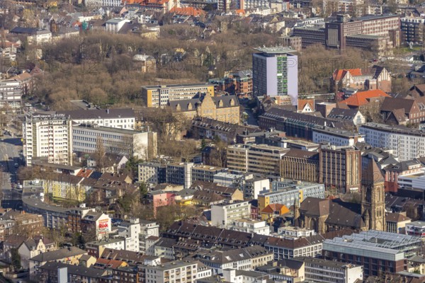 Aerial view, city view, Hans-Böckler-Berufskolleg high-rise building, Oberhausen district court, Oberhausen South tax office, Kath. Church at Altmarkt, Town Hall Oberhausen, Oberhausen, Ruhr area, North Rhine-Westphalia, Germany, authority, town hall, DE, Europe, commercial buildings, religious community, place of worship, church, parish, denomination, aerial view, aerial photography, aerial photography, town hall, religion, city administration, overview, bird's-eye view, residential complex, living and working, living and life, residential area, residential buildings, birds-eyes view, overview