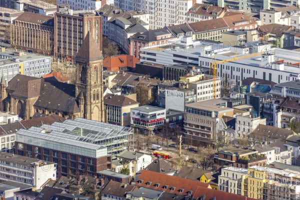 Aerial view, Altmarkt, Job Centre with rooftop greenhouse, Catholic Church at Altmarkt, Victory Column, Oberhausen, Ruhr area, North Rhine-Westphalia, Germany, employment office, authority, DE, monument, Europe, war memorial, aerial view, aerial photography, aerial photography, market place, sight, Victory Column Oberhausen, overview, bird's-eye view, historical, overview