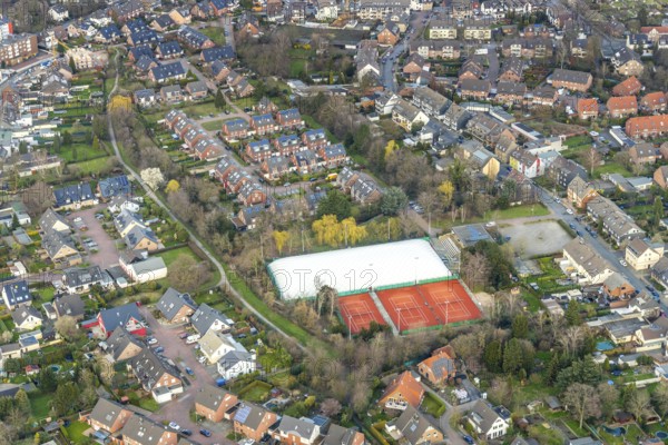 Aerial view, tennis facility Tennis Club Babcock 1975, residential area Alstaden, Oberhausen, Ruhr area, North Rhine-Westphalia, Germany, DE, Europe, property tax, real estate, Kiwittenberg, aerial view, aerial photography, aerial photography, terraced houses, sports, tennis, tennis facility, tennis courts, tennis club, overview, bird's eye view, living and life, residential area, residential houses, birds-eyes view, overview