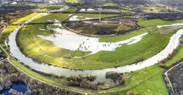 Aerial view, Styrumer Ruhrbogen, landfill Kolkerhofweg, city triangle Duisburg-Oberhausen-Mülheim, river Ruhr, left Ruhr, Mülheim an der Ruhr, Ruhr area, North Rhine-Westphalia, Germany, bridge over the Ruhr, DE, railway bridge, Europe, distant view, flood, aerial view, aerial photography, aerial photography, Ruhraue, Ruhrtalradweg, Ruhrufer, Speldorfer Straße, overview, bird's-eye view, wind power, wind turbines, birds-eyes view, overview, flooding