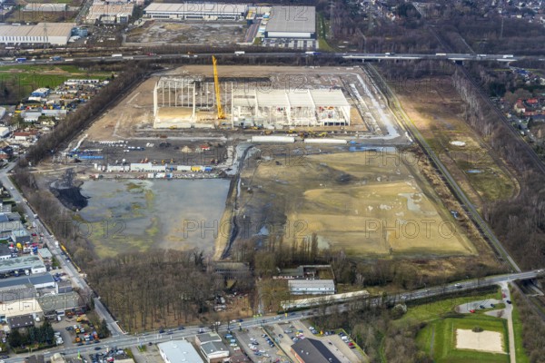 Aerial view, Waldteich business park, logport, logistics area, Weierheide industrial estate, Sterkrade, Oberhausen, Ruhr area, North Rhine-Westphalia, Germany, A3 motorway, construction area, building site, building plots, construction project, construction site, DE, development, Europe, commercial enterprises, commercial area, commercial park, commercial use, capacity requirements, Lekkerland logistics centre, aerial view, aerial photography, aerial photography, new building, overview, bird's-eye view, Weißensteinstraße, birds-eyes view, gewer, overview