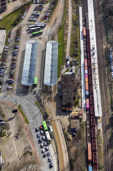Aerial view, Oberhausen-Sterkrade railway station, public transport, bus stop, bus stop canopy, Sterkrade, Oberhausen, Ruhr area, North Rhine-Westphalia, Germany, bus station, bus stop canopy, DE, Europe, aerial view, aerial photography, aerial photography, car parks, overview, bird's-eye view, overview, public transport