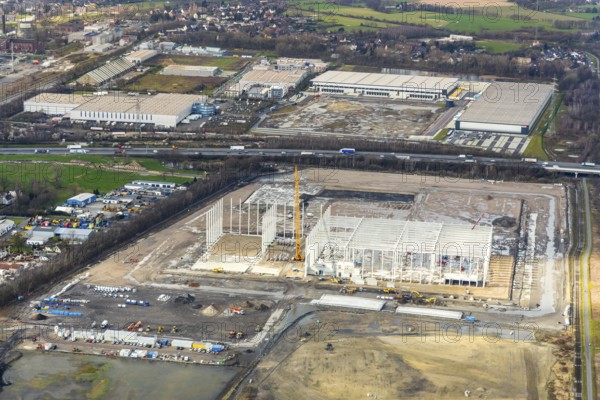 Aerial view, Waldteich business park, logport, logistics area, Weierheide industrial estate, Sterkrade, Oberhausen, Ruhr area, North Rhine-Westphalia, Germany, A3 motorway, construction area, building site, building plots, construction project, construction site, DE, development, Europe, commercial enterprises, commercial area, commercial park, commercial use, capacity requirements, Lekkerland logistics centre, aerial view, aerial photography, aerial photography, new building, overview, bird's-eye view, Weißensteinstraße, birds-eyes view, gewer, overview