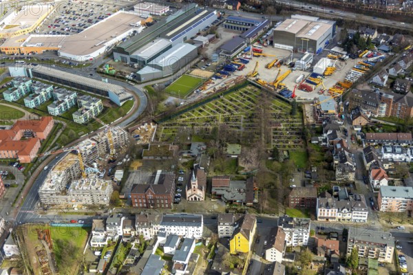 Aerial view, construction site new building Steinbrinkstraße Eugen-Zur-Nieden-Ring, Friedenskirche, Evang. Kindergarten, Steinbrinkschule, cemetery, Sterkrade, Oberhausen, Ruhr area, North Rhine-Westphalia, Germany, construction work, construction vehicles, construction area, construction site, building plots, construction crane, construction measure, construction project, construction site, educational institution, DE, Europe, faith community, house of worship, capacity requirement, kindergarten, day-care centre, day-care facility, church, parish, day-care centre, denomination, educational institute, aerial view, aerial photography, aerial photography, new building, religion, school, overview, bird's-eye view, overview