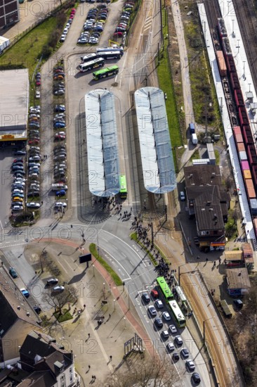 Aerial view, Oberhausen-Sterkrade railway station, public transport, bus stop, bus stop canopy, Sterkrade, Oberhausen, Ruhr area, North Rhine-Westphalia, Germany, bus station, bus stop canopy, DE, Europe, aerial view, aerial photography, aerial photography, car parks, overview, bird's-eye view, overview