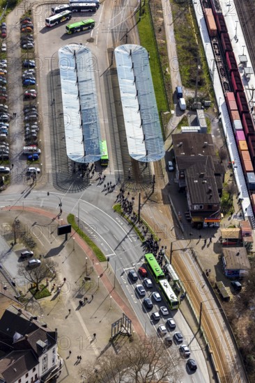 Aerial view, Oberhausen-Sterkrade railway station, public transport, bus stop, bus stop canopy, Sterkrade, Oberhausen, Ruhr area, North Rhine-Westphalia, Germany, bus station, bus stop canopy, DE, Europe, aerial view, aerial photography, aerial photography, car parks, overview, bird's-eye view, overview