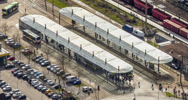 Aerial view, Oberhausen-Sterkrade railway station, public transport, bus stop, bus stop canopy, Sterkrade, Oberhausen, Ruhr area, North Rhine-Westphalia, Germany, bus station, bus stop canopy, DE, Europe, aerial view, aerial photography, aerial photography, car parks, overview, bird's-eye view, overview
