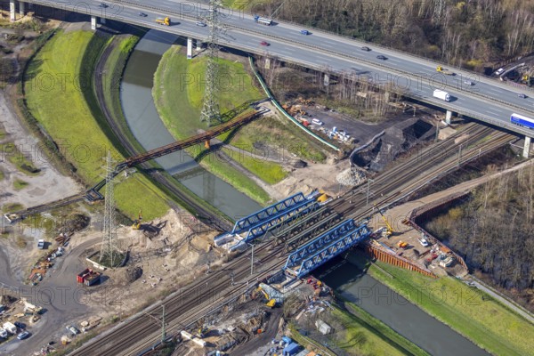Aerial view, new construction, insertion railway bridge over the Emscher, motorway A42, Sterkrade, Oberhausen, Ruhr area, North Rhine-Westphalia, Germany, construction work, construction area, construction site, construction site, construction project, construction site, bridge construction, DE, railway bridge, renewal, Europe, river Emscher, capacity requirement, aerial view, aerial photography, aerial photography, new construction, renovation, refurbishment, overview, bird's-eye view, overview