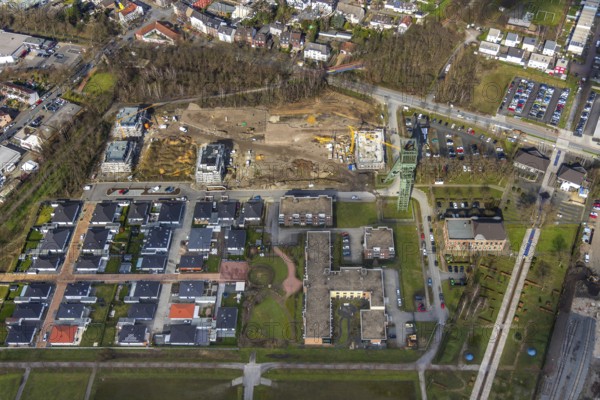 Aerial view, winding tower Osterfeld colliery pit Â½, new residential complex for senior citizens, senior citizens' residence at OLGA-Park, Osterfeld, Oberhausen, Ruhr area, North Rhine-Westphalia, Germany, construction work, construction area, construction site, building plots, construction project, construction site, mining, DE, development, Europe, garden dome former coal mixing plant of Osterfeld colliery, gasometer, capacity requirement, aerial view, aerial photography, aerial photography, new building, Plassmeier Bau, overview, Vestische Straße, bird's-eye view, growth, Zum Steigerhaus, birds-eyes view, overview