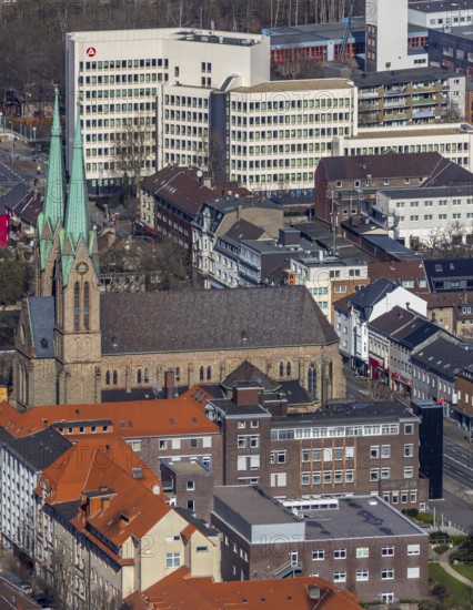 Aerial view, Catholic parish church St. Marien, employment agency and job centre Oberhausen, Oberhausen, Ruhr area, North Rhine-Westphalia, Germany, authority, DE, Europe, religious community, place of worship, church, parish, denomination, aerial photograph, aerial photography, aerial photography, Mülheimer Straße, religion, overview, bird's-eye view, overview