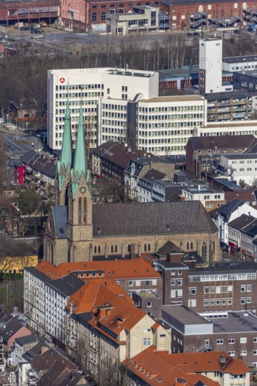 Aerial view, Catholic parish church St. Marien, employment agency and job centre Oberhausen, Oberhausen, Ruhr area, North Rhine-Westphalia, Germany, authority, DE, Europe, religious community, place of worship, church, parish, denomination, aerial photograph, aerial photography, aerial photography, Mülheimer Straße, religion, overview, bird's-eye view, overview