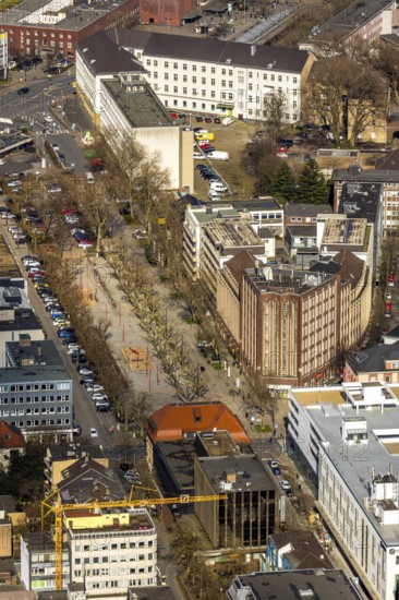 Aerial view, Saporoshje-Platz, Stadtbibliothek Oberhausen, Oberhausen, Ruhr area, North Rhine-Westphalia, Germany, library, DE, Europe, Langemarkstraße, aerial view, aerial photography, aerial photography, car parks, overview, bird's eye view, birds-eyes view, overview