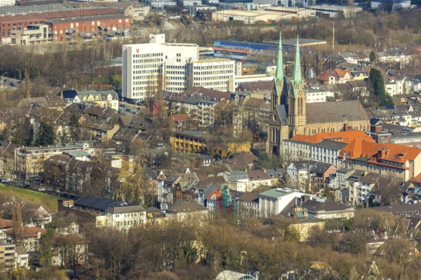 Aerial view, Catholic parish church St. Marien, employment agency and job centre Oberhausen, Oberhausen, Ruhr area, North Rhine-Westphalia, Germany, authority, DE, Europe, religious community, place of worship, church, parish, denomination, aerial photograph, aerial photography, aerial photography, Mülheimer Straße, religion, overview, bird's-eye view, overview