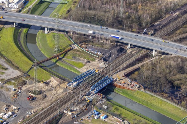 Aerial view, new construction, insertion railway bridge over the Emscher, motorway A42, Sterkrade, Oberhausen, Ruhr area, North Rhine-Westphalia, Germany, construction work, construction area, construction site, construction site, construction project, construction site, bridge construction, DE, railway bridge, renewal, Europe, river Emscher, capacity requirement, aerial view, aerial photography, aerial photography, new construction, renovation, refurbishment, overview, bird's-eye view, overview