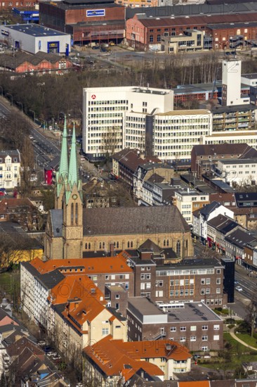 Aerial view, Catholic parish church St. Marien, employment agency and job centre Oberhausen, Oberhausen, Ruhr area, North Rhine-Westphalia, Germany, authority, DE, Europe, religious community, place of worship, church, parish, denomination, aerial photograph, aerial photography, aerial photography, Mülheimer Straße, religion, overview, bird's-eye view, overview