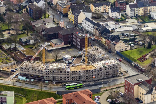 Aerial view, construction site new building Steinbrinkstraße Eugen-Zur-Nieden-Ring, Friedenskirche, Evang. Kindergarten, Steinbrinkschule, Sterkrade, Oberhausen, Ruhr area, North Rhine-Westphalia, Germany, construction work, construction vehicles, construction area, construction site, building plots, construction crane, construction measure, construction project, construction site, educational institution, DE, Europe, faith community, house of worship, capacity requirement, kindergarten, day-care centre, day-care facility, church, parish, day-care centre, denomination, educational institute, aerial view, aerial photography, aerial photography, new building, religion, school, overview, bird's-eye view, overview