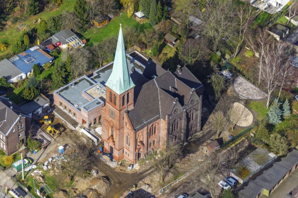 Aerial view, Evang. Auferstehungskirche, construction site, new community centre, Osterfeld, Oberhausen, Ruhr area, North Rhine-Westphalia, Germany, construction work, construction area, building site, building plots, construction project, construction site, DE, development, Europe, community centre, faith community, house of God, capacity requirement, Kapellenstraße, church, church community, denomination, aerial view, aerial photography, aerial photography, new building, parish office, religion, overview, Vestische Straße, bird's-eye view, birds-eyes view, overview