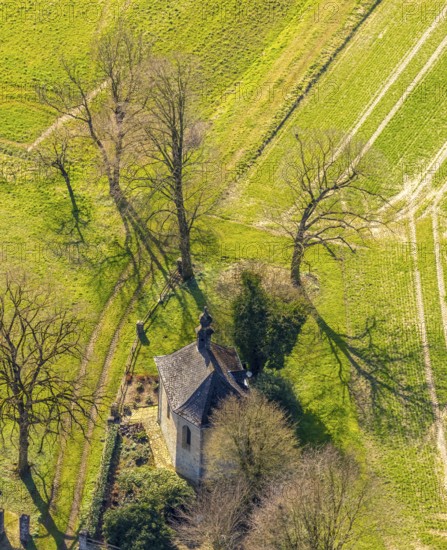 Aerial view, small chapel on the heritage-protected Broich farm, Sundern, Sauerland, North Rhine-Westphalia, Germany, DE, Europe, aerial view, aerial photography, aerial photography, overview, bird's-eye view, birds-eyes, view, overview