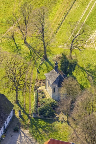 Aerial view, small chapel on the heritage-protected Broich farm, Sundern, Sauerland, North Rhine-Westphalia, Germany, DE, Europe, aerial view, aerial photography, aerial photography, overview, bird's-eye view, birds-eyes, view, overview