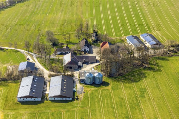 Aerial view, heritage-protected farm Broich, small chapel, Sundern, Sauerland, North Rhine-Westphalia, Germany, DE, Europe, aerial view, aerial photography, aerial photography, overview, bird's-eye view, birds-eyes, view, overview