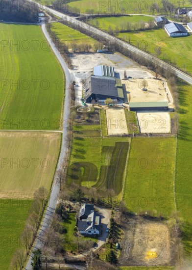 Aerial view, riding club Hellefeld, riding arena, horse stables, Hellefeld, Sundern, Sauerland, North Rhine-Westphalia, Germany, DE, Europe, aerial view, aerial photography, aerial photography, overview, bird's-eye view, birds-eyes, view, overview, equestrian sports, horses, equestrian sports, sports, hobby, leisure