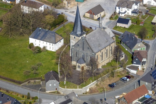 Aerial view, St. Martinus Catholic Church, St. Martinus Catholic Parish Office, Hellefeld, Sundern, Sauerland, North Rhine-Westphalia, Germany, DE, Europe, aerial view, aerial photography, aerial photography, overview, bird's-eye view, view, overview, church, religion, faith, service, mass