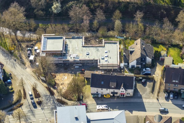 Aerial view, new building community centre Eveangelische Kirchengemeinde Sundern, grounds of the old Lukaskirche, Sundern, Sauerland, North Rhine-Westphalia, Germany, DE, Europe, aerial view, aerial photography, aerial photography, overview, bird's-eye view, view, overview, house of God, religion, faith, worship, mass