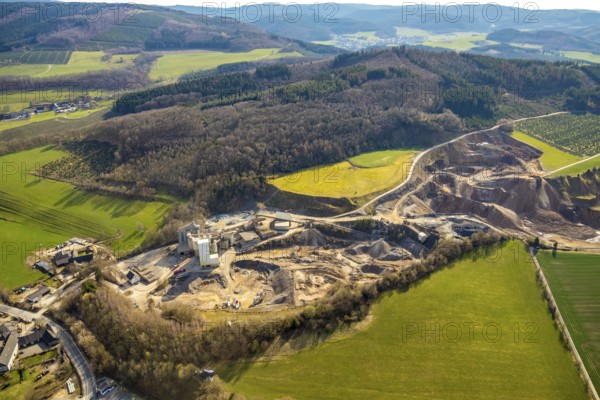 Aerial photo, AMA Westefeld, Deutsche Asphalt GmbH, quarry, Westenfeld, Sundern, Sauerland, North Rhine-Westphalia, Germany, DE, Europe, aerial photo, aerial photography, aerial photography, overview, bird's-eye view, birds-eyes, view, overview, asphalt construction material, road construction, road construction materials