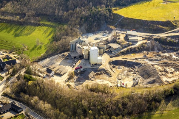 Aerial photo, AMA Westefeld, Deutsche Asphalt GmbH, quarry, Westenfeld, Sundern, Sauerland, North Rhine-Westphalia, Germany, DE, Europe, aerial photo, aerial photography, aerial photography, overview, bird's-eye view, birds-eyes, view, overview, asphalt construction material, road construction, road construction materials