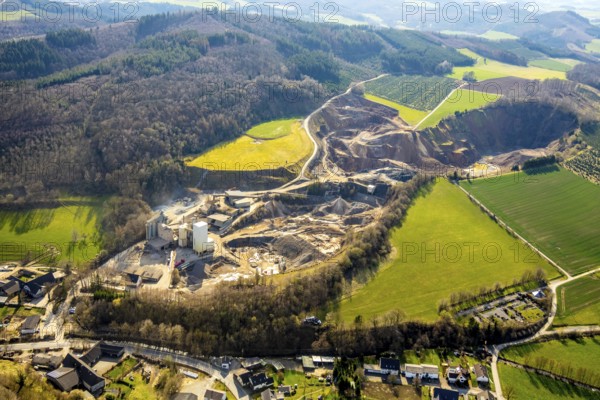 Aerial photo, AMA Westefeld, Deutsche Asphalt GmbH, quarry, Westenfeld, Sundern, Sauerland, North Rhine-Westphalia, Germany, DE, Europe, aerial photo, aerial photography, aerial photography, overview, bird's-eye view, birds-eyes, view, overview, asphalt construction material, road construction, road construction materials