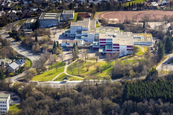 Aerial view, school centre Sundern, Städtisches Gymnasium Sundern, Gemeinschaftshauptschule Sundern, sports field, Sundern, Sauerland, North Rhine-Westphalia, Germany, DE, Europe, aerial view, aerial photography, aerial photography, overview, bird's-eye view, view, overview, education, pupils, college, education, school year, homework, class, year group, education, pedagogy, gymnastics, sport, ball sports, fitness, movement, athletics