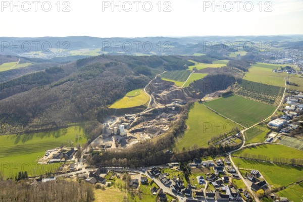 Aerial photo, AMA Westefeld, Deutsche Asphalt GmbH, quarry, Westenfeld, Sundern, Sauerland, North Rhine-Westphalia, Germany, DE, Europe, aerial photo, aerial photography, aerial photography, overview, bird's-eye view, birds-eyes, view, overview, asphalt construction material, road construction, road construction materials
