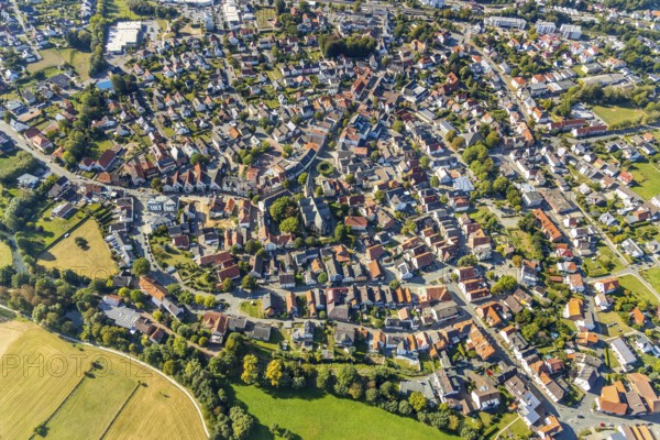 Aerial view, local view, parish church St. Marien, Steinheim, OWL, Ostwestfalen-Lippe, East Westphalia, North Rhine-Westphalia, Germany, place of worship, DE, Europe, religious community, place of worship, property tax, holy place, real estate, church, parish, denomination, aerial view, aerial photography, aerial photography, OWL book, OWL book, religion, religious site, townscape, urban area, overview, bird's-eye view, housing estate, housing and living, residential area, residential buildings, residential quality, residential neighbourhood, housing estate, birds-eyes view, overview