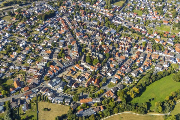Aerial view, local view, parish church St. Marien, Steinheim, OWL, Ostwestfalen-Lippe, East Westphalia, North Rhine-Westphalia, Germany, place of worship, DE, Europe, religious community, place of worship, property tax, holy place, real estate, church, parish, denomination, aerial view, aerial photography, aerial photography, OWL book, OWL book, religion, religious site, townscape, urban area, overview, bird's-eye view, housing estate, housing and living, residential area, residential buildings, residential quality, residential neighbourhood, housing estate, birds-eyes view, overview