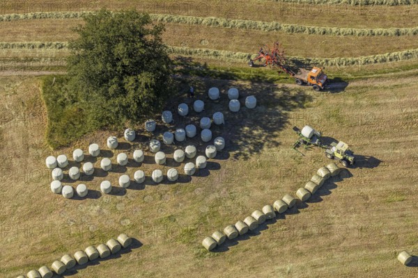 Aerial view, agricultural area, farm Auf der Niedergethe, Hiddinghauser Straße, Niedersprockhövel, Sprockhövel, Ruhr area, North Rhine-Westphalia, Germany, farm, DE, Ennepe-Ruhr-Kreis, Europe, green trees, agricultural machinery, agriculture, agricultural fields, agricultural business, agricultural enterprise, aerial photograph, aerial photography, aerial photography, overview, bird's-eye view, meadows and fields, birds-eyes view, overview, harvest, mowing, hay harvest, silage, plastic silage