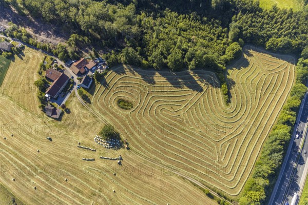 Aerial view, Agricultural area, Farm Auf der Niedergethe, Hiddinghauser Straße, Niedersprockhövel, Sprockhövel, Ruhr area, North Rhine-Westphalia, Germany, Farm, DE, Ennepe-Ruhr-Kreis, Europe, Shapes and colours, Agriculture, Agricultural fields, Agricultural business, Farming business, Aerial view, Aerial photography, Aerial photography, Overview, Bird's-eye view, Meadows and fields, birds-eyes view, overview, Harvest, Mowing, Hay harvest, Silage, Plastic silage