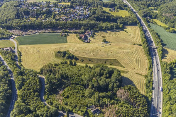 Aerial view, Agricultural area, Farm Auf der Niedergethe, Hiddinghauser Straße, Niedersprockhövel, Sprockhövel, Ruhr area, North Rhine-Westphalia, Germany, Farm, DE, Ennepe-Ruhr-Kreis, Europe, Shapes and colours, Agriculture, Agricultural fields, Agricultural business, Farming business, Aerial view, Aerial photography, Aerial photography, Overview, Bird's-eye view, Meadows and fields, birds-eyes view, overview, Harvest, Mowing, Hay harvest, Silage, Plastic silage