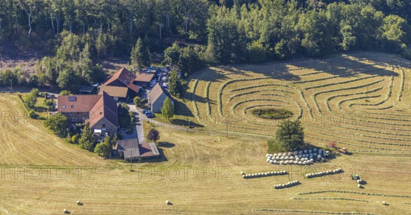 Aerial view, Agricultural area, Farm Auf der Niedergethe, Hiddinghauser Straße, Niedersprockhövel, Sprockhövel, Ruhr area, North Rhine-Westphalia, Germany, Farm, DE, Ennepe-Ruhr-Kreis, Europe, Shapes and colours, Agriculture, Agricultural fields, Agricultural business, Farming business, Aerial view, Aerial photography, Aerial photography, Overview, Bird's-eye view, Meadows and fields, birds-eyes view, overview, Harvest, Mowing, Hay harvest, Silage, Plastic silage