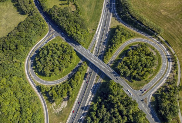 Aerial view, motorway A43, motorway junction Sprockhövel, Hiddinghausen, Sprockhövel, Ruhr area, North Rhine-Westphalia, Germany, motorway, federal road B234, DE, Ennepe-Ruhr-Kreis, Europe, shapes and colours, green trees, aerial view, aerial photography, aerial photography, overview, bird's-eye view, overview