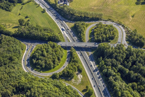Aerial view, motorway A43, motorway junction Sprockhövel, Hiddinghausen, Sprockhövel, Ruhr area, North Rhine-Westphalia, Germany, motorway, motorway junction, federal road B234, DE, Ennepe-Ruhr-Kreis, Europe, shapes and colours, green trees, aerial view, aerial photography, aerial photography, overview, bird's-eye view, overview