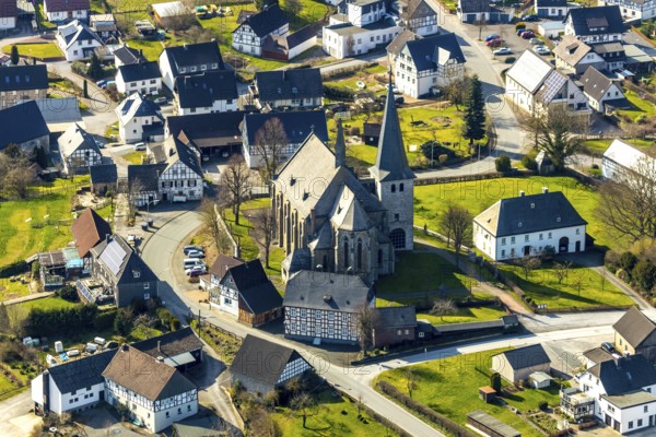 Aerial view, St. Martinus Catholic Church, St. Martinus Catholic Parish Office, Hellefeld, Sundern, Sauerland, North Rhine-Westphalia, Germany, DE, Europe, aerial view, aerial photography, aerial photography, overview, bird's-eye view, view, overview, church, religion, faith, service, mass