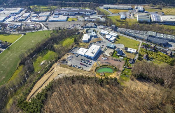 Aerial view, industrial estate Hüstener Straße / Kalmecke, GreenTeam Reik Uhlemann, Redder &amp, Vatheuer, Schrade Drehtechnik, Sundern, Sauerland, North Rhine-Westphalia, Germany, DE, Europe, aerial view, aerial photography, aerial photography, overview, bird's-eye view, view, overview, industry, business, economy, commercial enterprise, production, trade