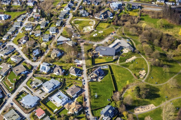 Aerial view, swimming pool sauna Haus des Gastes, Langscheid, Sundern, Sauerland, North Rhine-Westphalia, Germany, DE, Europe, aerial view, aerial photography, aerial photography, overview, bird's-eye view, view, overview, swimming pool, bathing, swimming, sports, leisure, recreation