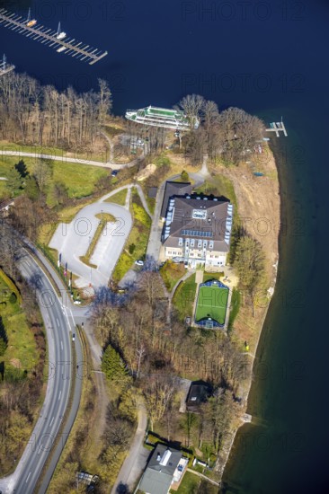 Aerial photo, DJH Youth Hostel Sorpesee, Langscheid, Sundern, Sauerland, North Rhine-Westphalia, Germany, DE, Europe, aerial photo, aerial photography, aerial photography, overview, bird's-eye view, birds-eyes, view, overview, drinking water, water supply, leisure, recreation, nature, reservoir, dam, water, swimming, boats, shipping, ships, recreation, youth hostel, accommodation, holidays, holiday, hostel, hostel